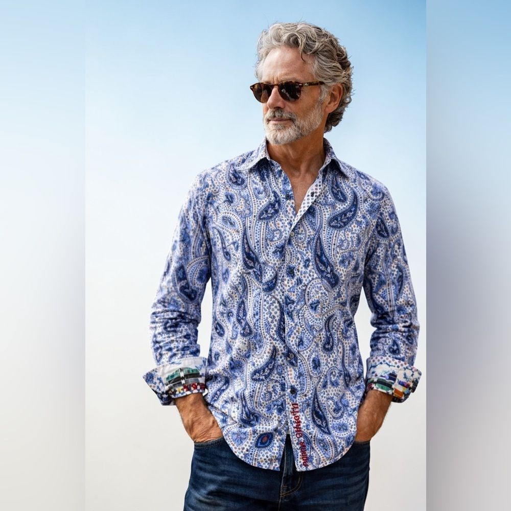 Robert Graham Blue Paisley Signature Shirt Flip Cuff Embroidered Detail